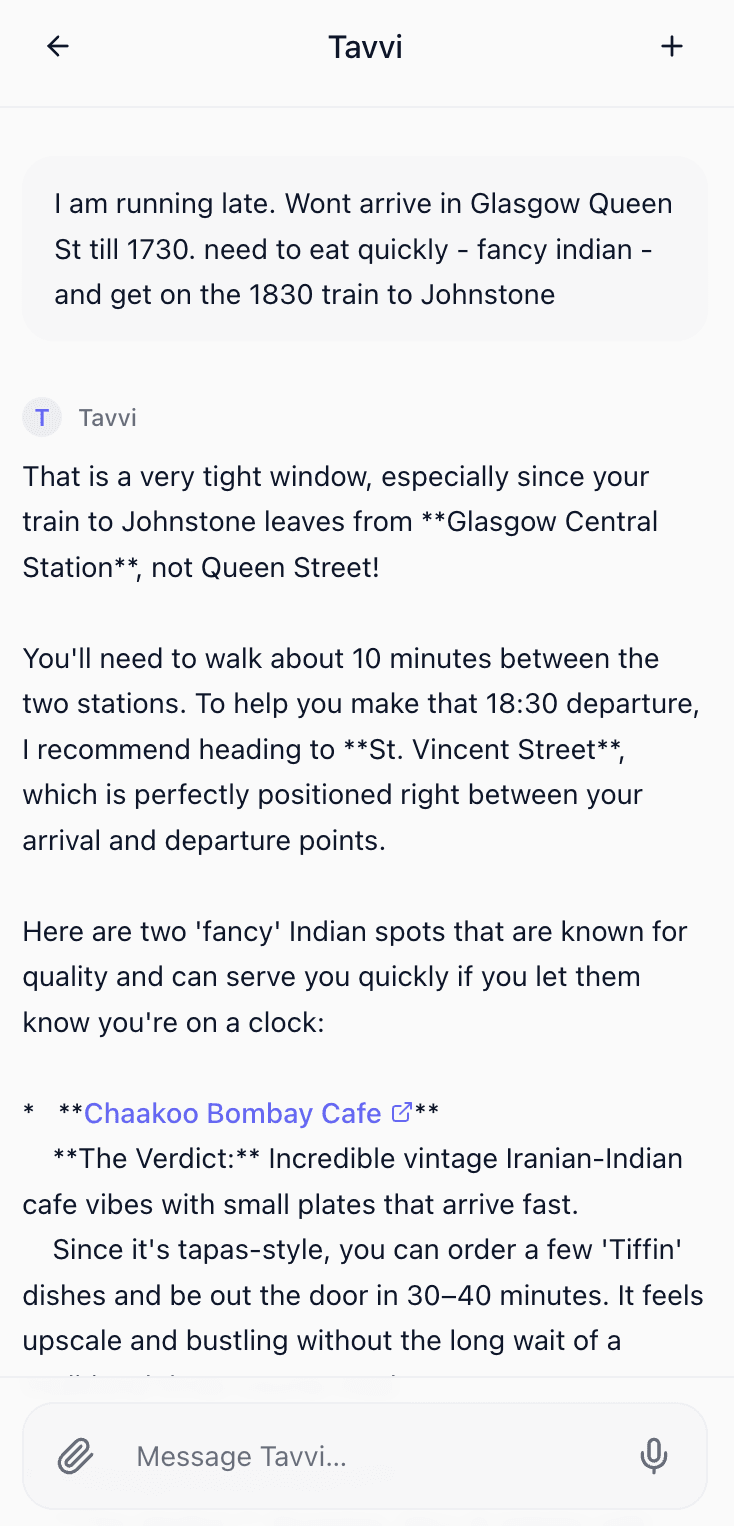 Tavvi adapting plans when running late with real-time suggestions