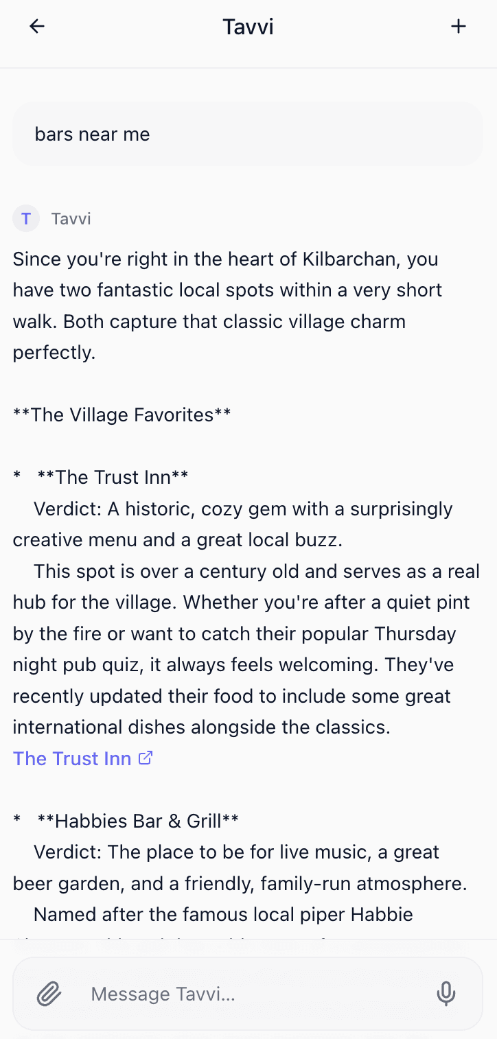 Tavvi conversation showing local bar recommendations