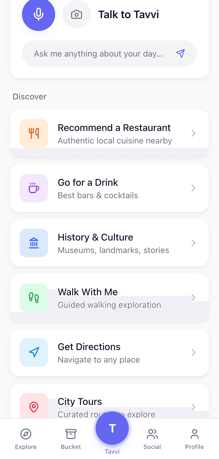 Tavvi app showing discovery categories and walks