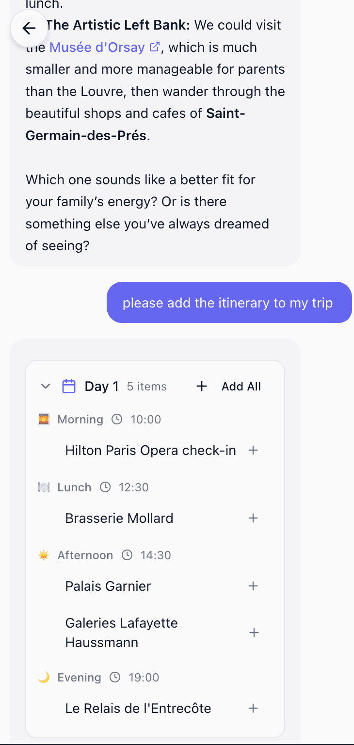 Tavvi itinerary showing Paris Day 1 with scheduled activities
