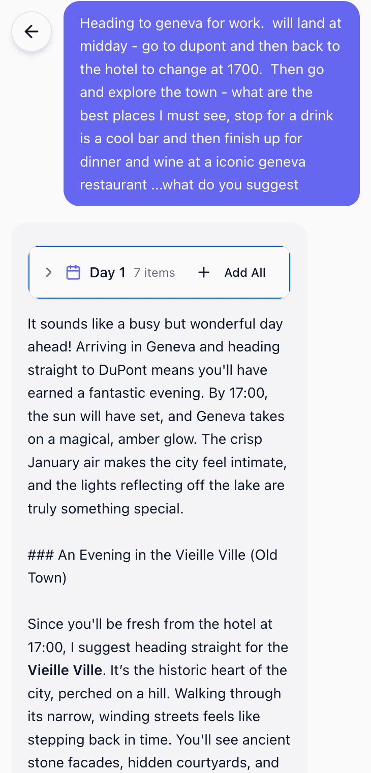 Tavvi conversation showing a user planning their Geneva trip naturally