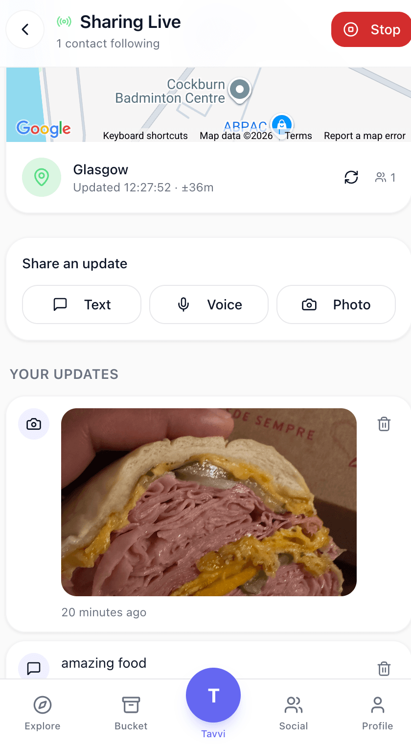 Tavvi Sharing Live showing real-time location and updates