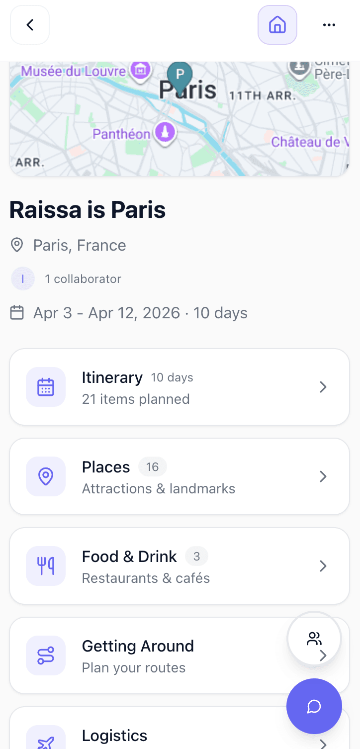 Tavvi trip hub showing organized travel categories and itinerary