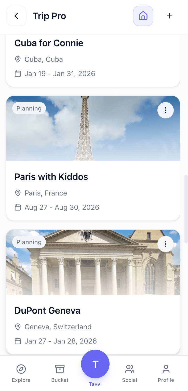 Tavvi trip hub showing Paris trip with itinerary, places, food and logistics