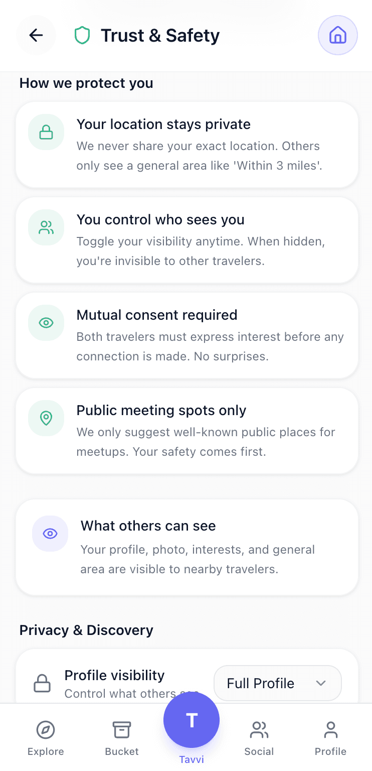 Tavvi Trust & Safety settings showing privacy controls