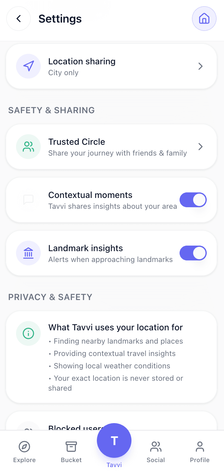 Tavvi Settings showing Safety & Sharing options