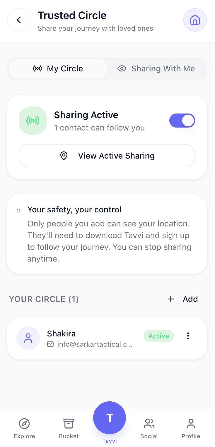 Tavvi Trusted Circle showing location sharing with contacts
